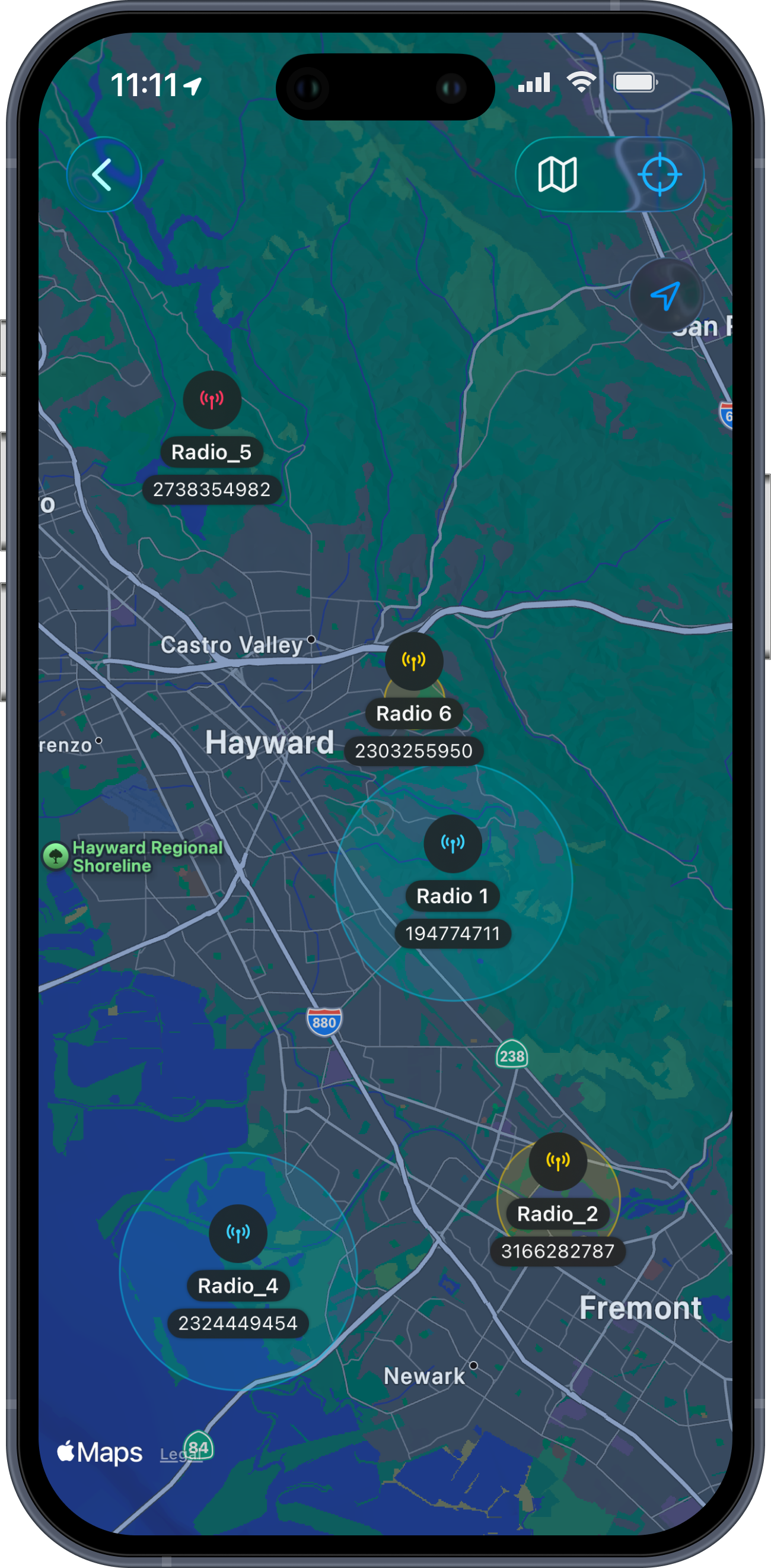 Smartphone screen displaying a map of Hayward, California, with radio signal nodes labeled Radio 1, Radio 2, Radio 4, Radio 5, and Radio 6, each with associated numerical codes.