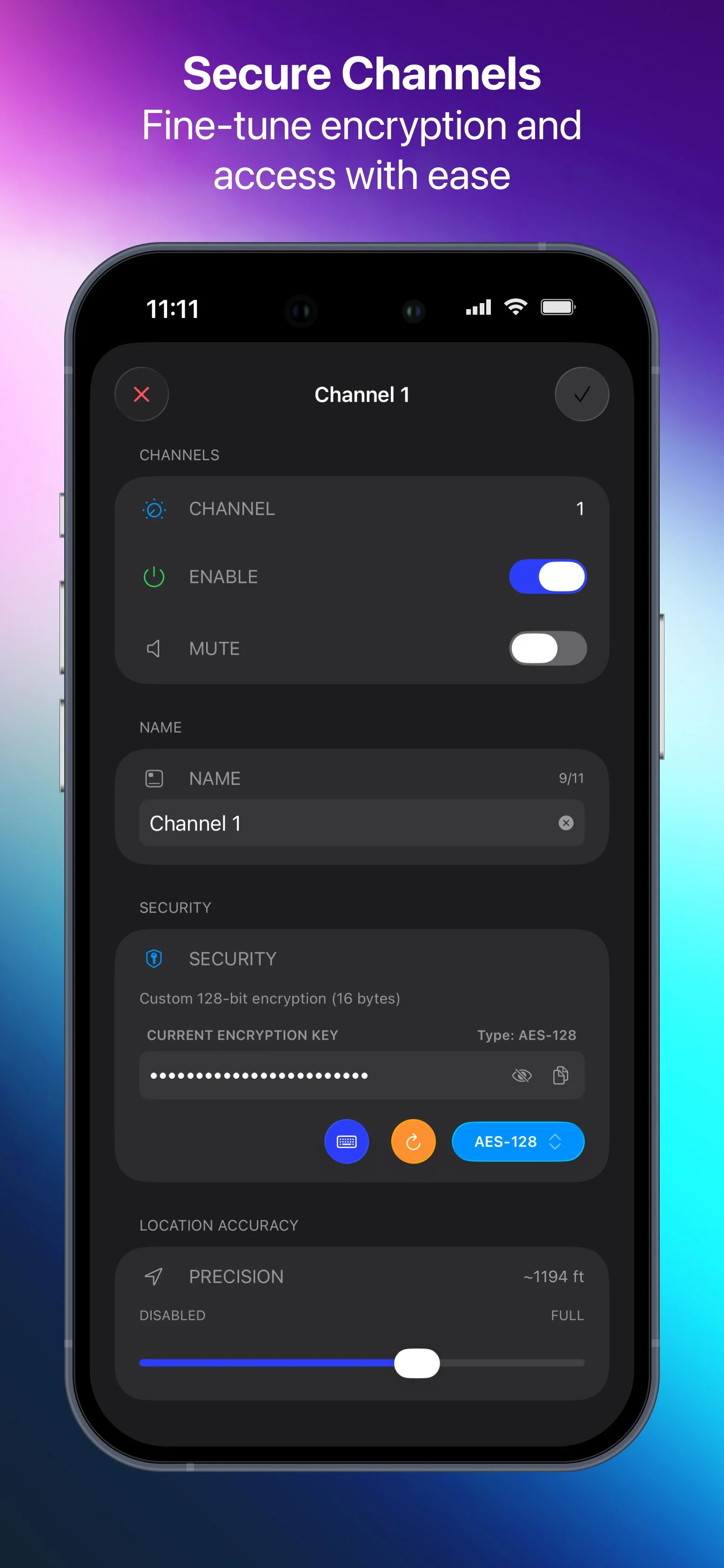 Mobile app interface showing security channel settings, including encryption options, encryption key, and location accuracy control, with a colorful gradient background.