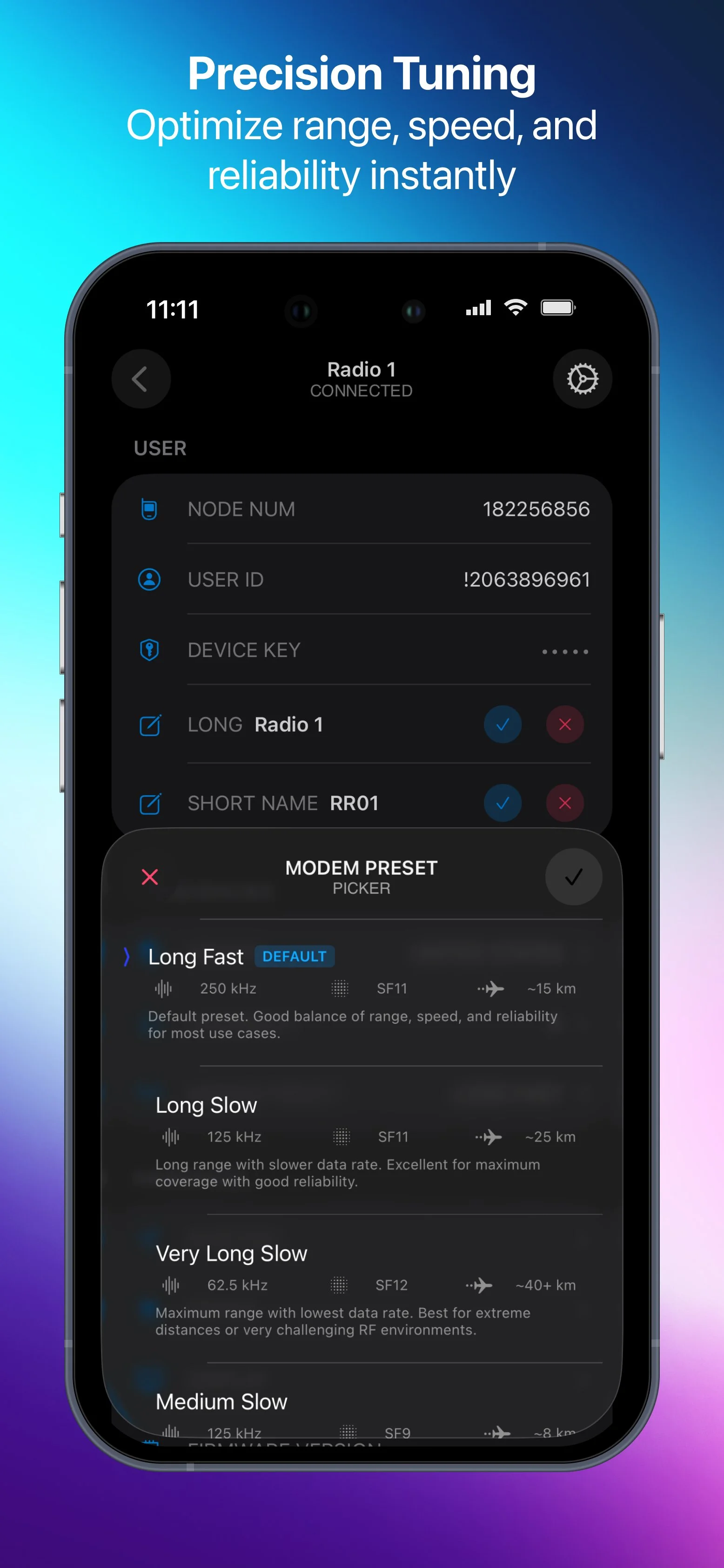 A smartphone screen displaying a radio tuning app with options for modem preset modes like Long Fast, Long Slow, Very Long Slow, and Medium Slow, with a background gradient from blue to purple.