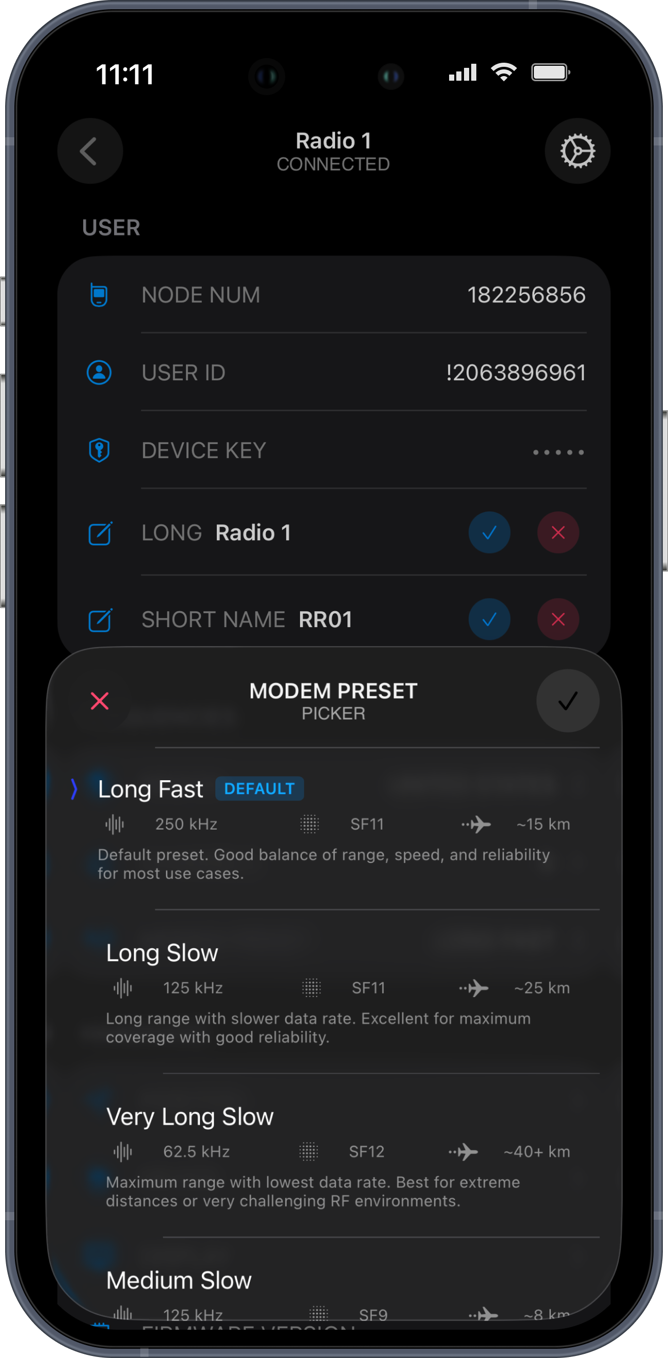Smartphone screen displaying a radio configuration app with settings like node number, user ID, device key, radio long and short names, and different modem presets with various frequency and range options.