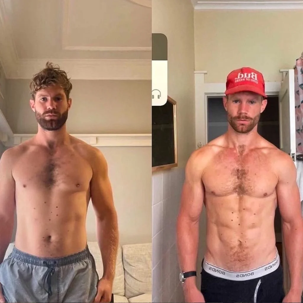 A side-by-side comparison photo of a shirtless man with a beard, showing his transformation. The left side shows him with a fuller physique, wearing gray shorts, and the right side shows him leaner and more muscular, wearing a red cap, black underwear, and a watch.