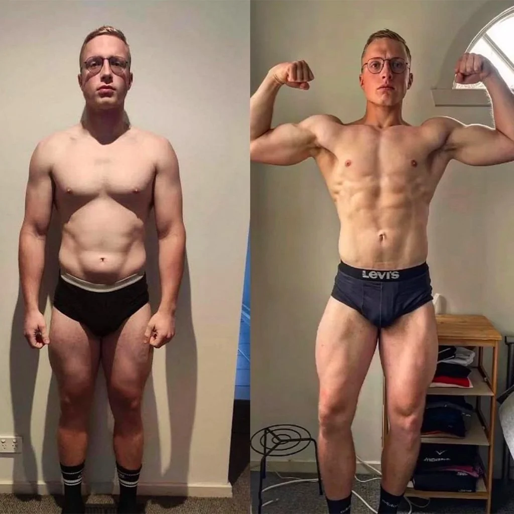 Side-by-side comparison photo of a man showing changes in physique; left shows him with a softer, less muscular build, right shows him with a more muscular and defined body, flexing his biceps.