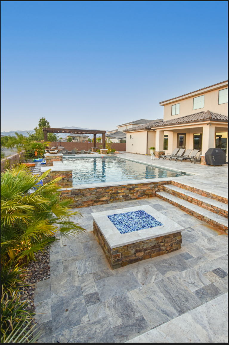 Photo of backyard pool and fireplace