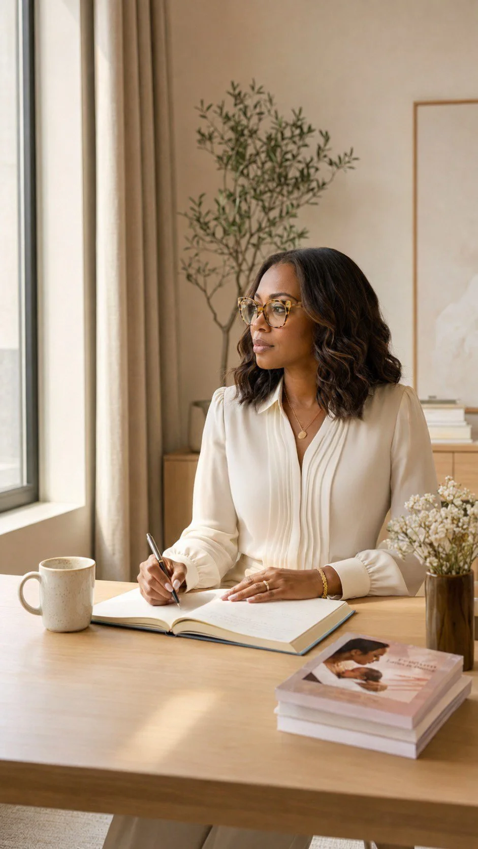 A woman with wavy dark hair, glasses, and a cream blouse sitting at a wooden desk, writing in a notebook with a pen, with a cup, books, and flowers on the desk, and a window with curtains behind her.