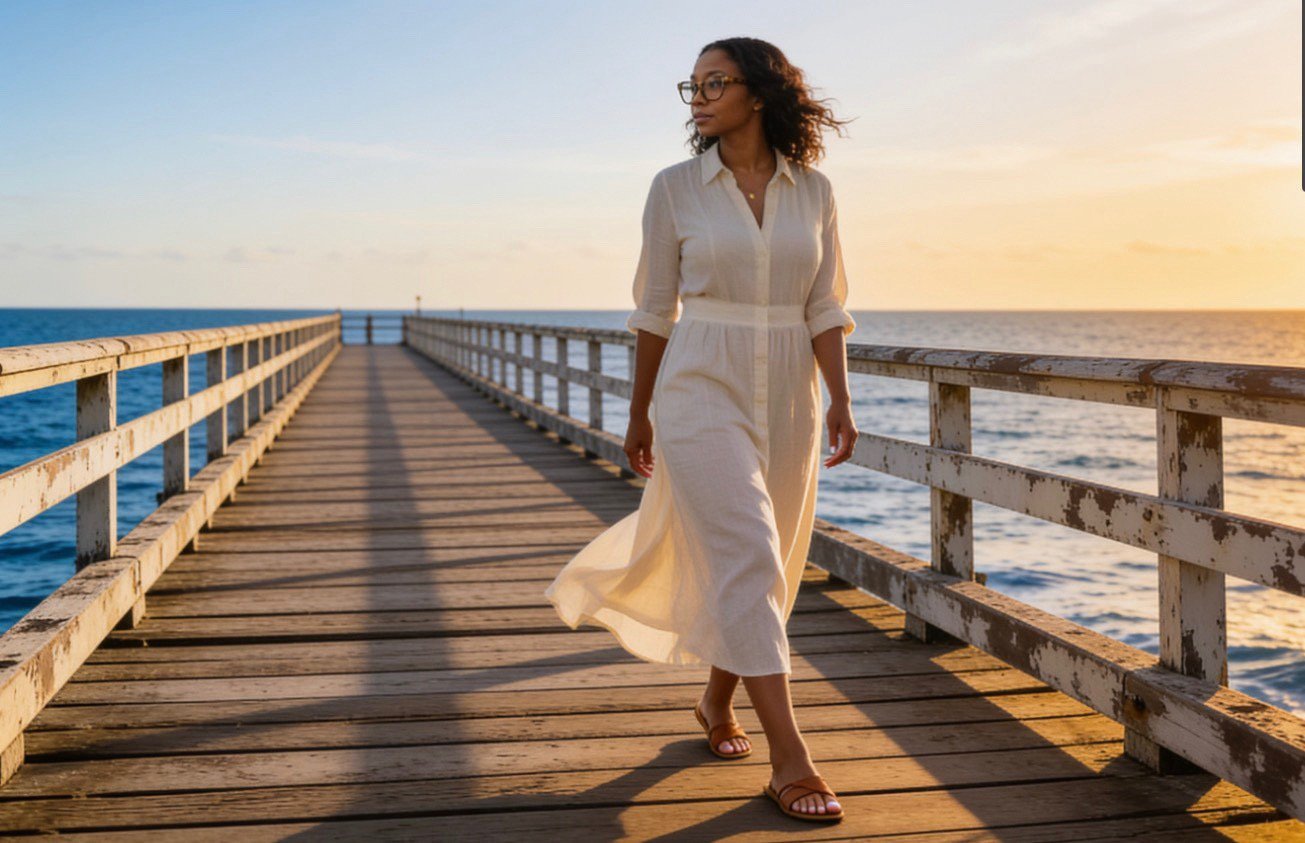 A woman in a white dress walking on a wooden pier at sunset over the ocean.