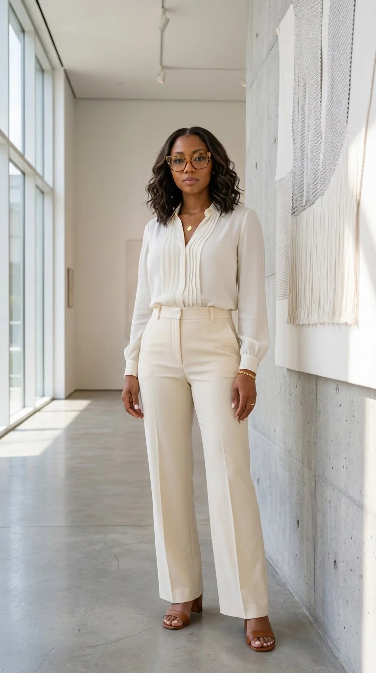 A woman in cream-colored professional attire standing indoors near a concrete wall and artwork, with large windows letting in natural light.