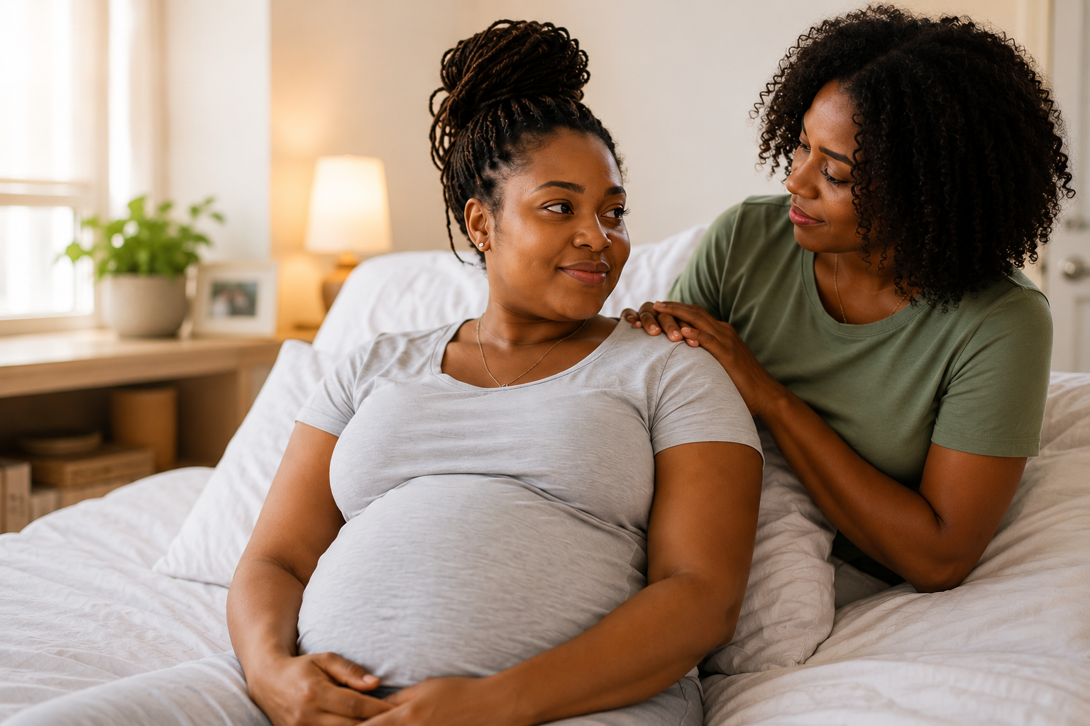 Pregnant Black woman meeting with her doula for prenatal birth preparation and support.