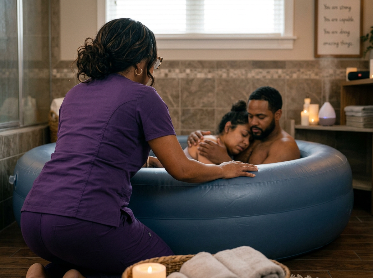 A woman receiving a water birth in an inflatable pool, with a man holding her, while a caregiver in purple kneels beside them, in a home bathroom setting.