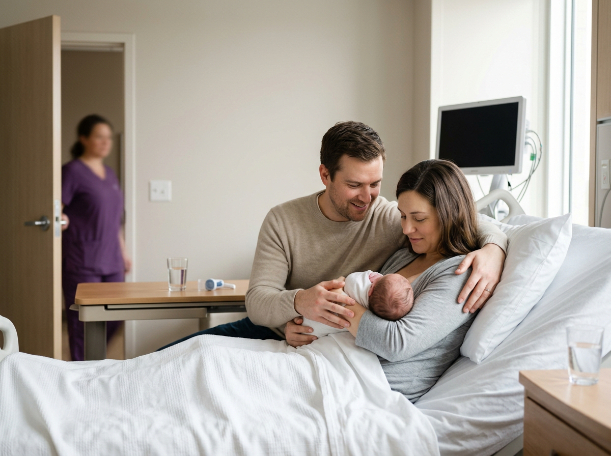 A couple holding a newborn baby in a hospital room, with a nurse in purple scrubs in the background.