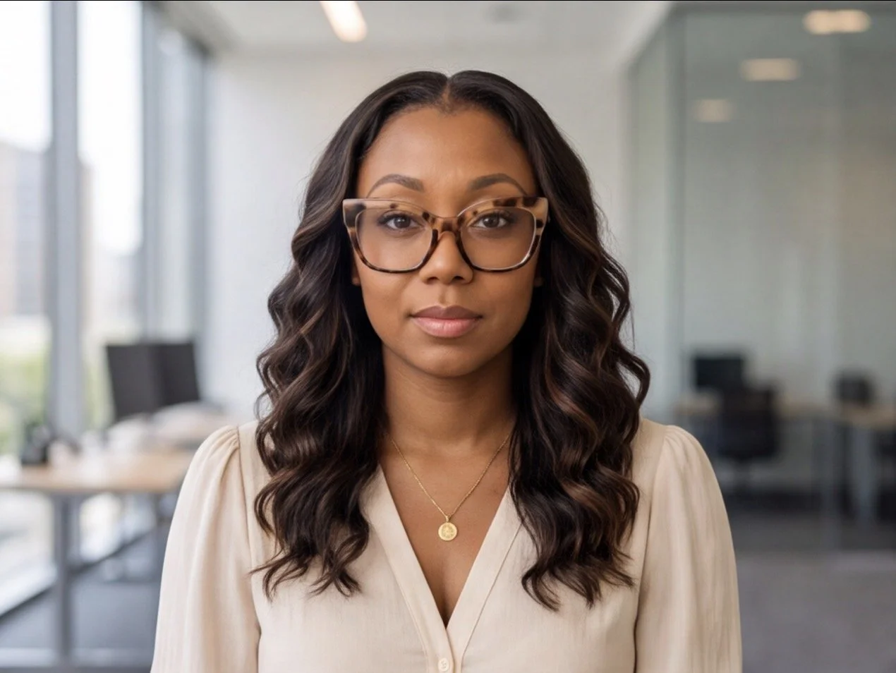 A woman with long, dark, wavy hair and glasses, wearing a light-colored blouse and a gold necklace, standing in an office environment.