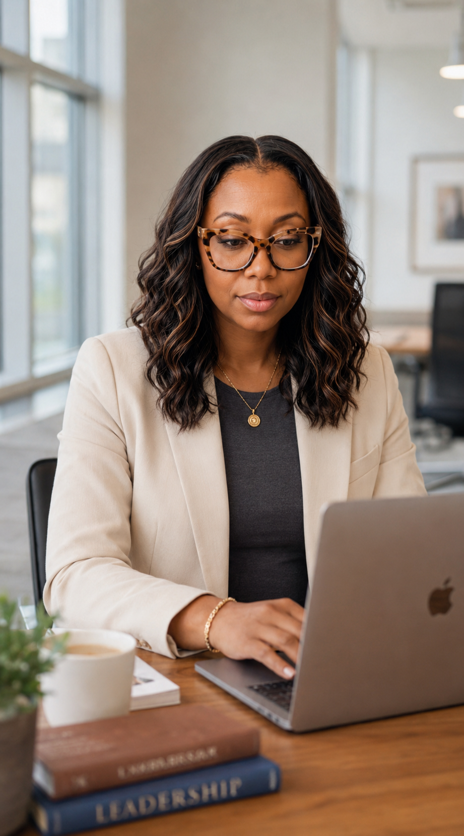 A woman with dark, wavy hair, wearing glasses, a beige blazer, black shirt, gold necklace, and bracelet, working on a silver laptop in a bright office space with large windows.