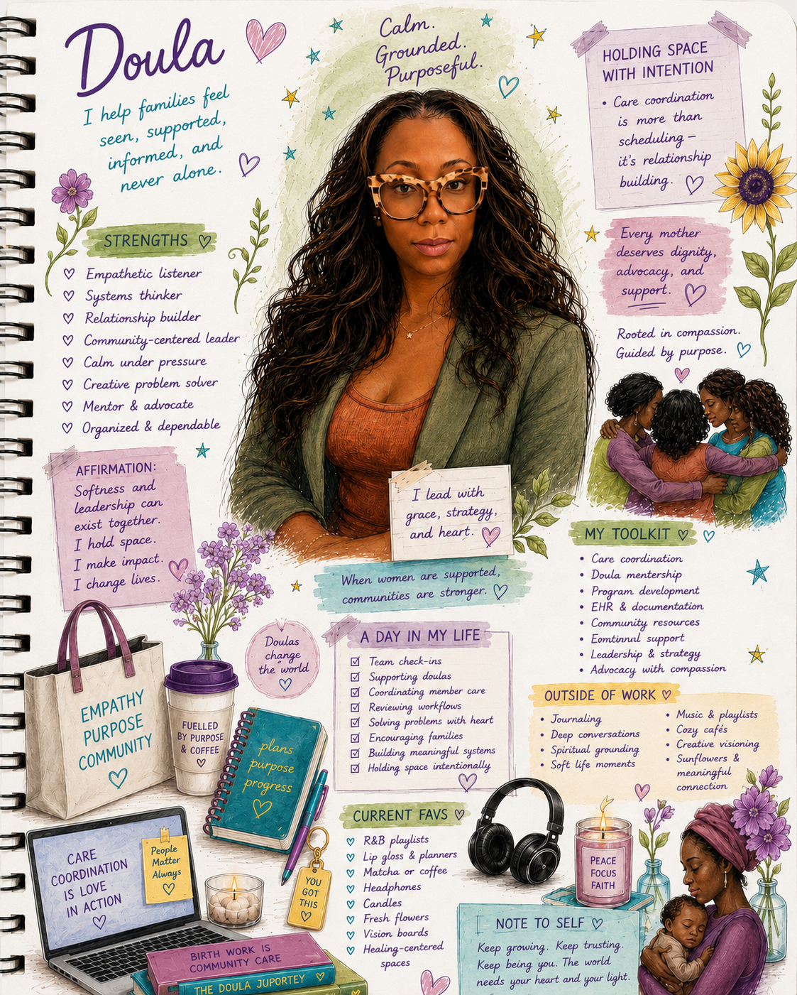 A vibrant personalized planner page highlighting a woman named Doula's strengths, affirmations, toolkit, current favorites, and personal values. The page includes illustrations of supportive women, flowers, a laptop, coffee cup, headphones, and motivational quotes. Colorful handwritten notes and doodles emphasize empowerment, community, and purpose.