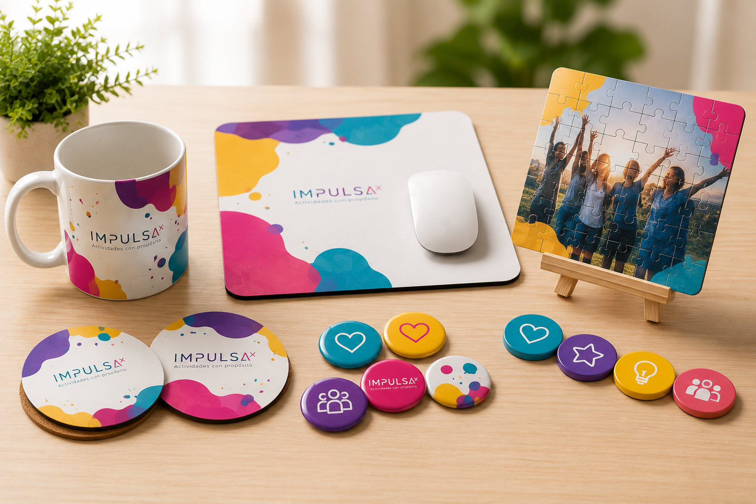 Varios objetos decorativos y productos de la marca Impulsa, incluyendo una taza, un mouse con alfombrilla, un rompecabezas con una imagen de personas levantando las manos, y varias fichas de colores con iconos. Todo en una mesa de madera.