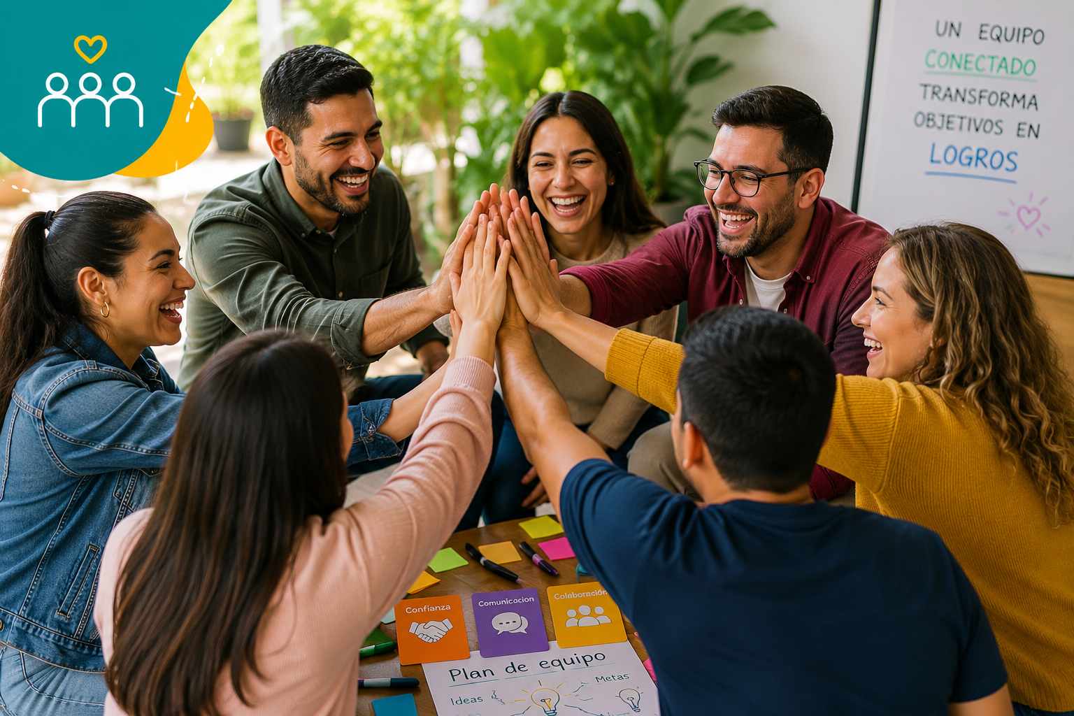 Grupo de personas en una reunión realizada en un espacio con plantas naturales, haciendo una dinámica de trabajo en equipo con sonrisas y palmas juntas.