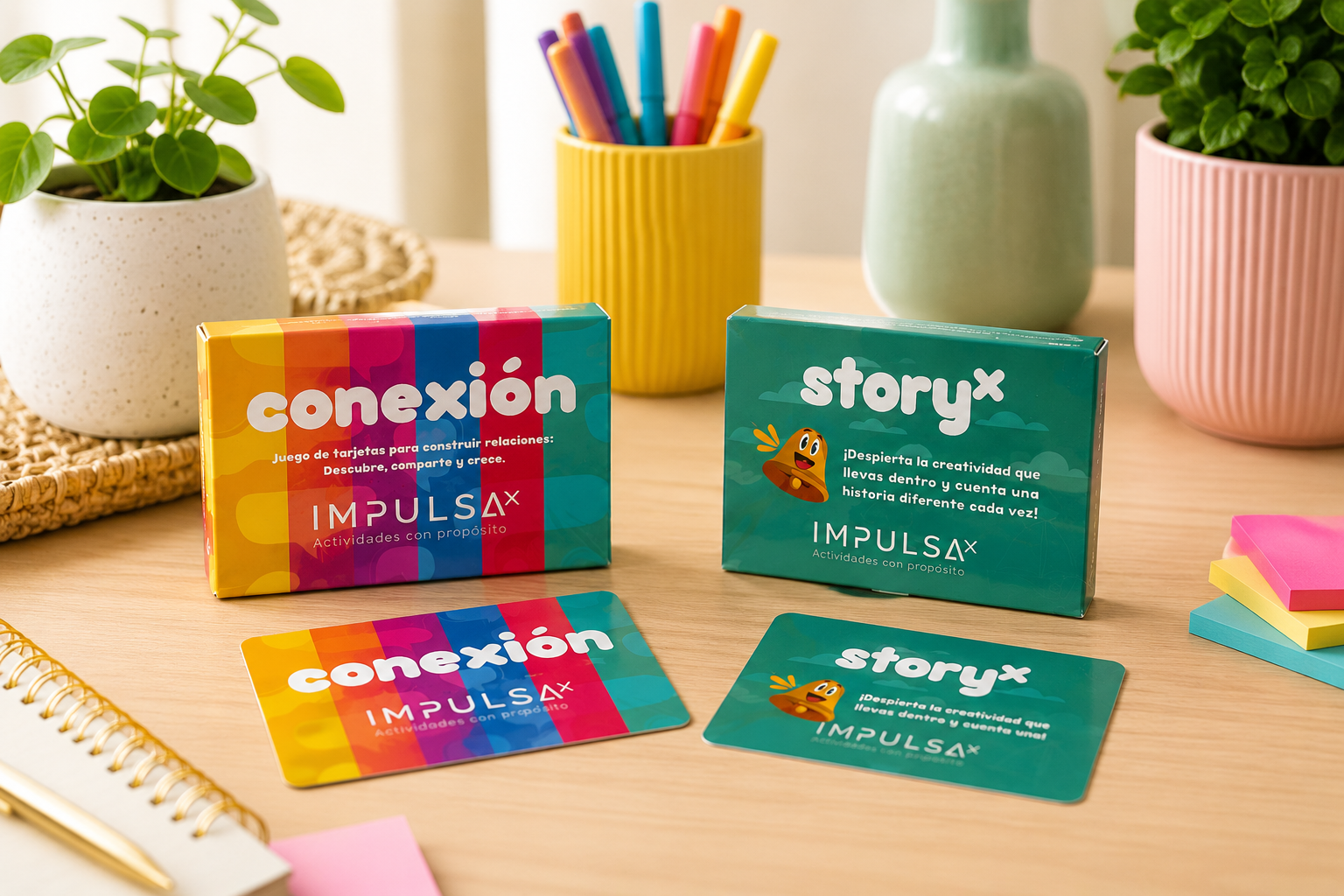 Juegos de cartas 'conexión' y 'storyx' en una mesa de madera rodeada de plantas y objetos decorativos