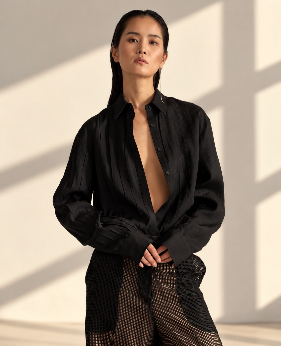 Signature Pleated Cotton & Silk Black Shirt