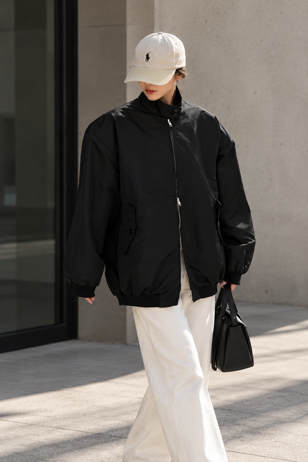 Black Oversized Bomber Jacket with Structured Shoulders