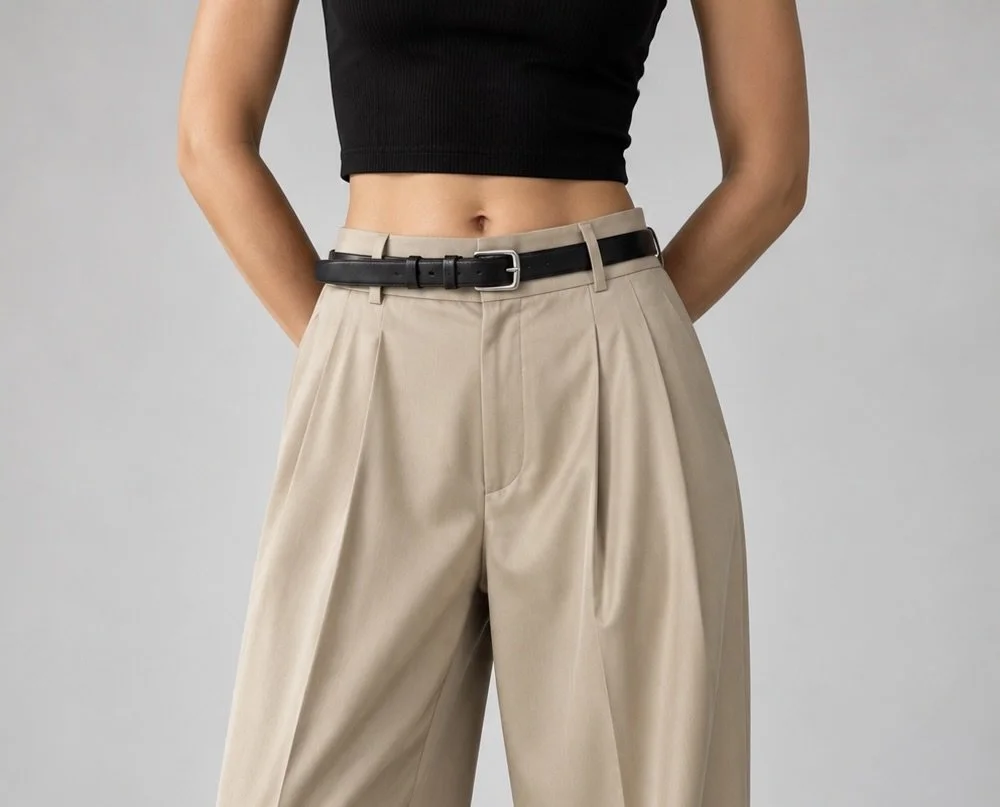 Beige Tailored Pleated Wide-Leg Trousers