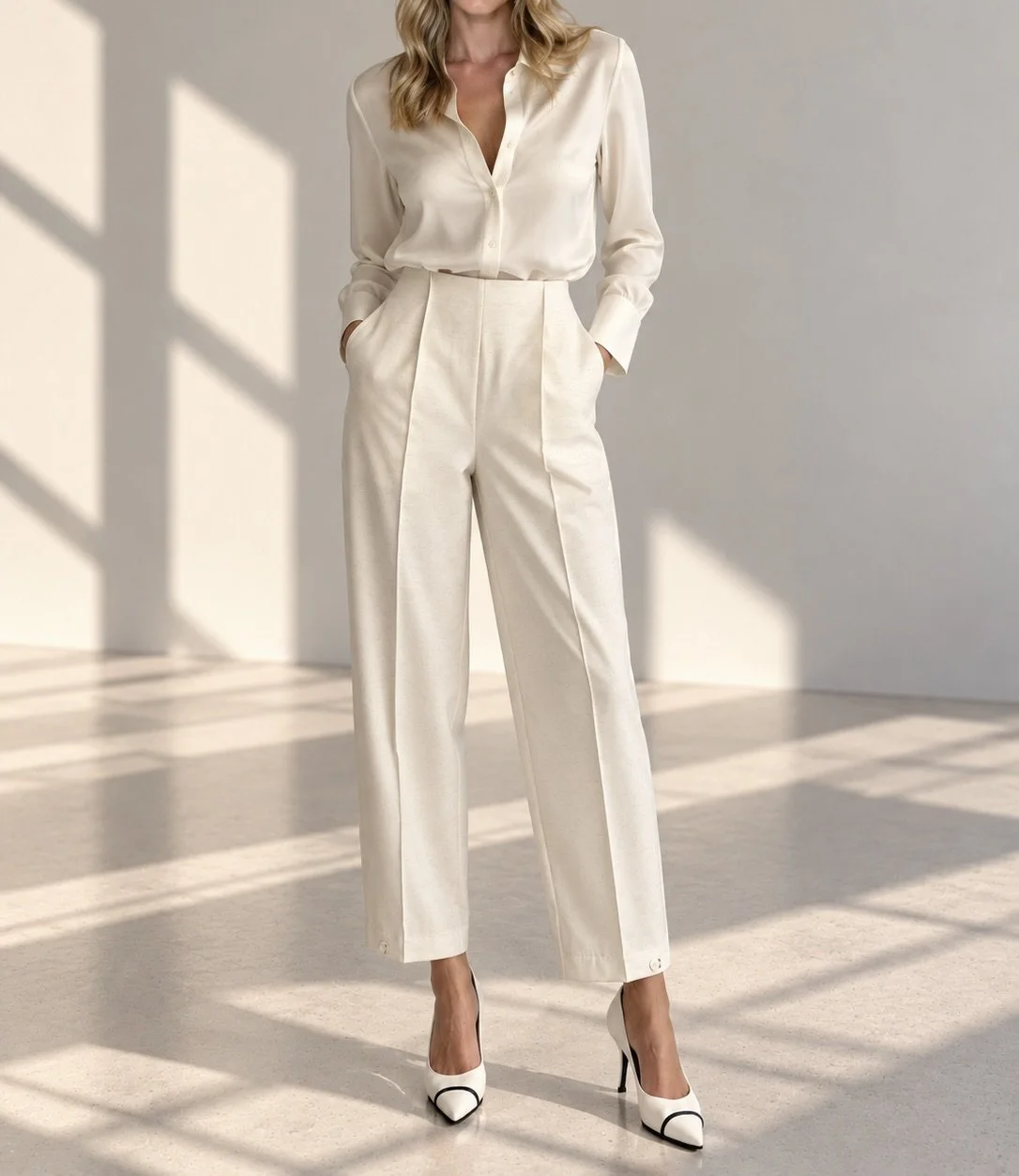 Ivory Tailored Trousers with Adjustable Button Hem