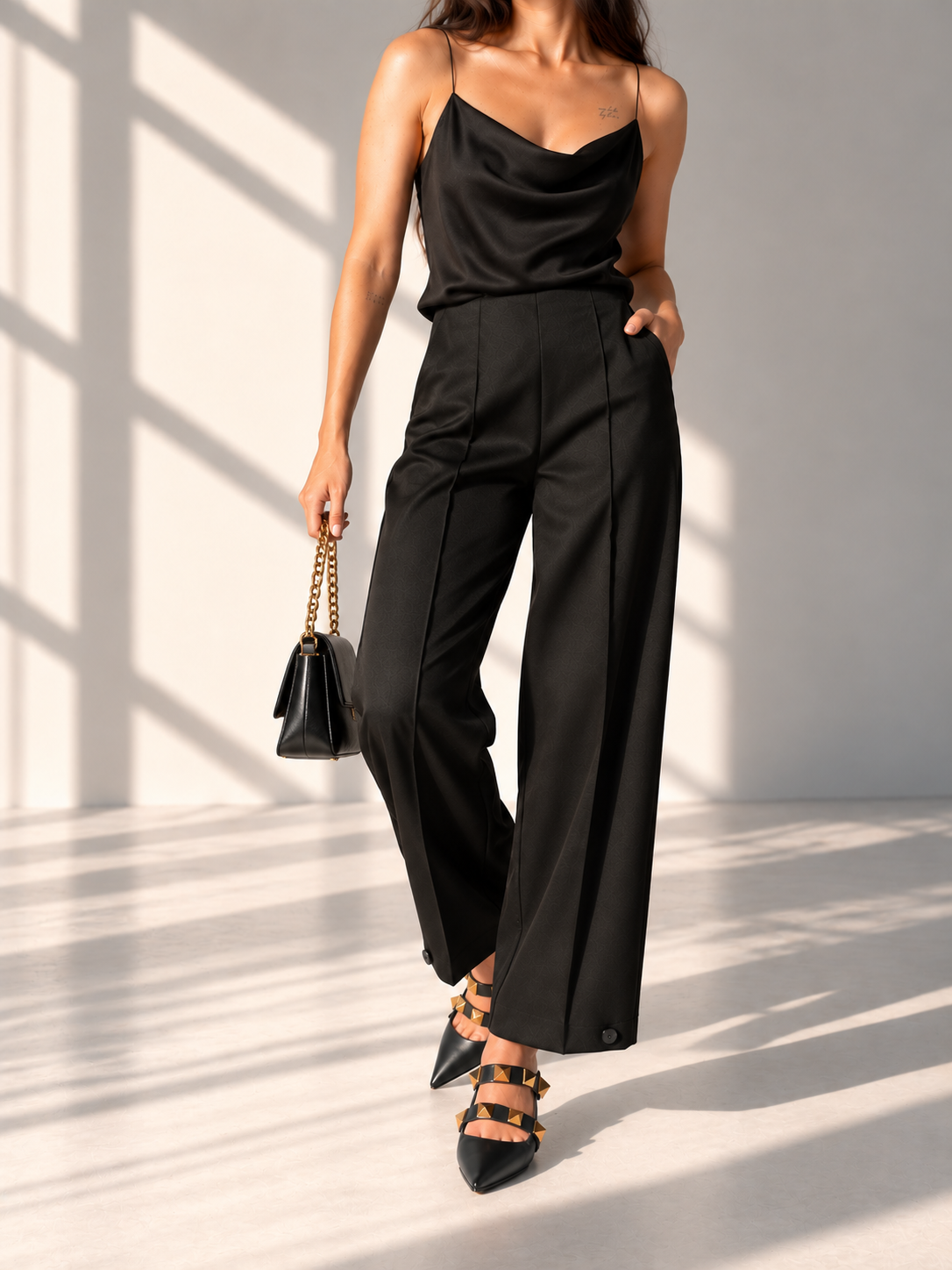 Black Tailored Trousers with Adjustable Button Hem