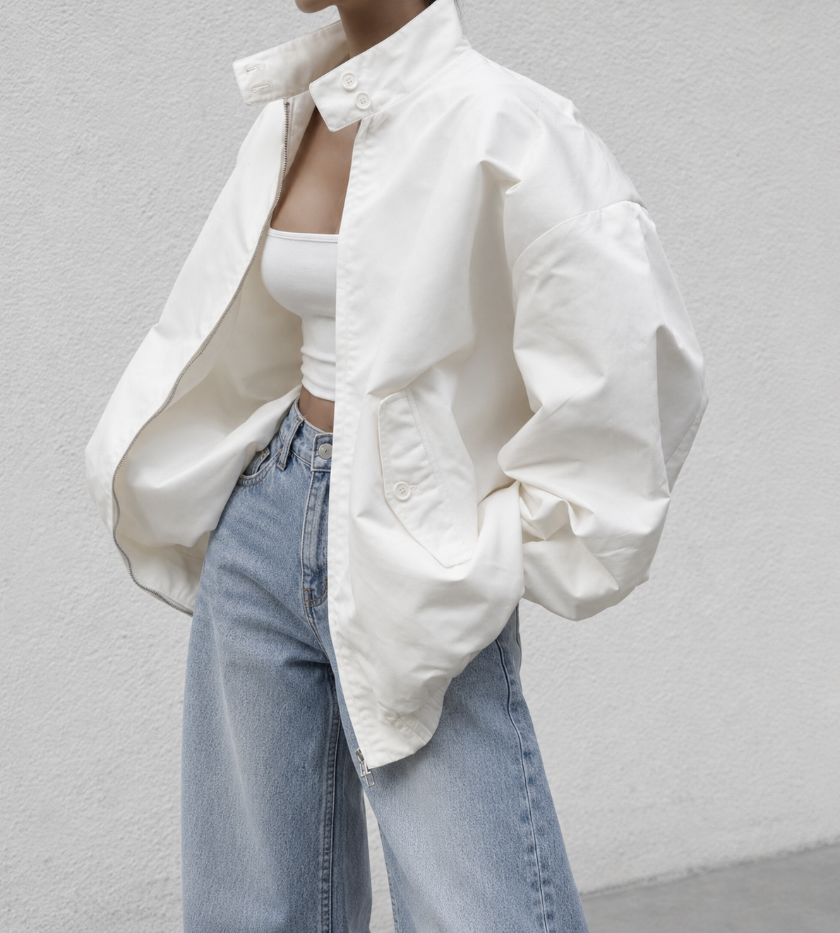 White Oversized Bomber Jacket with Structured Shoulders