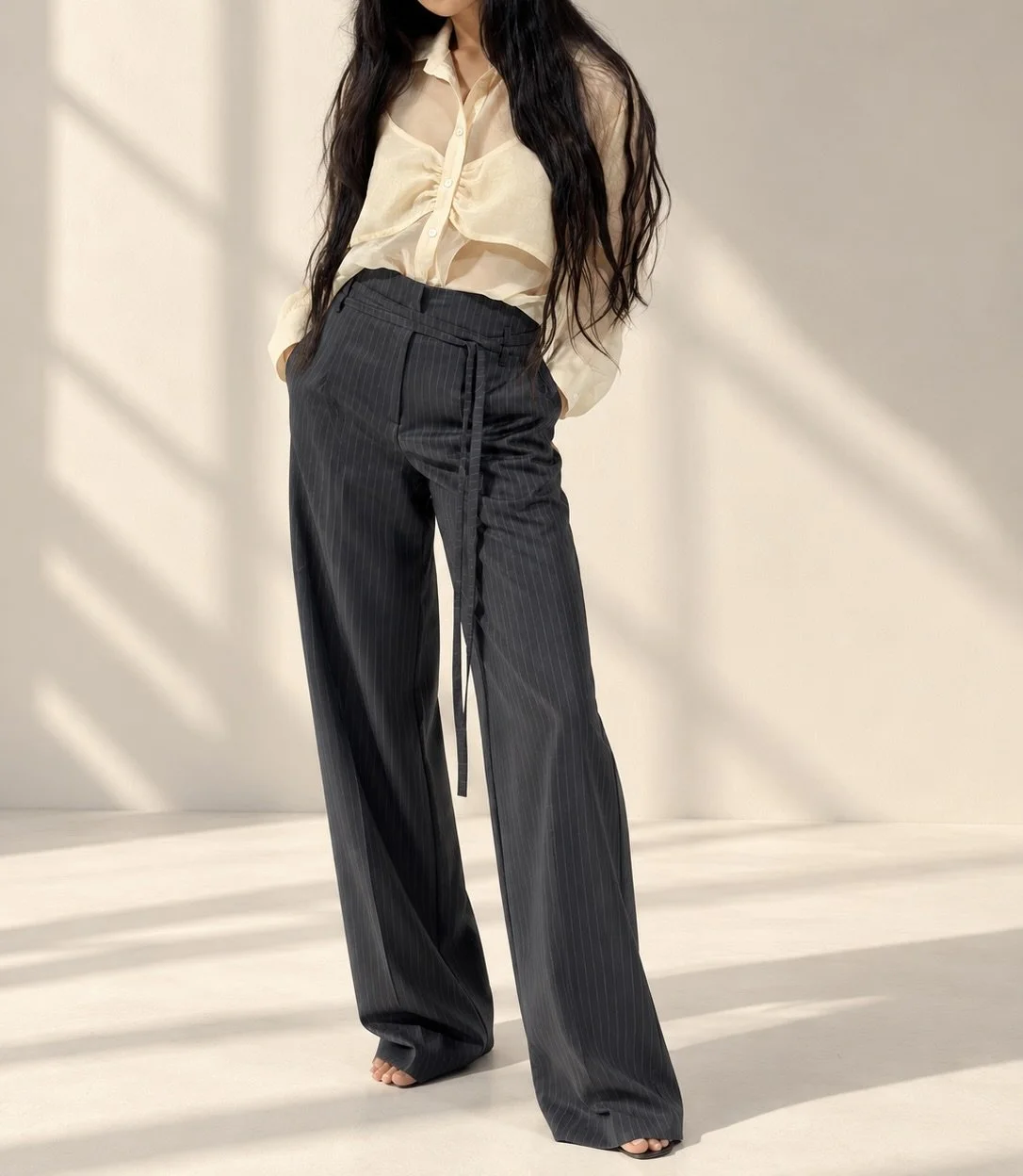 Charcoal Pinstripe Wide-Leg Trousers