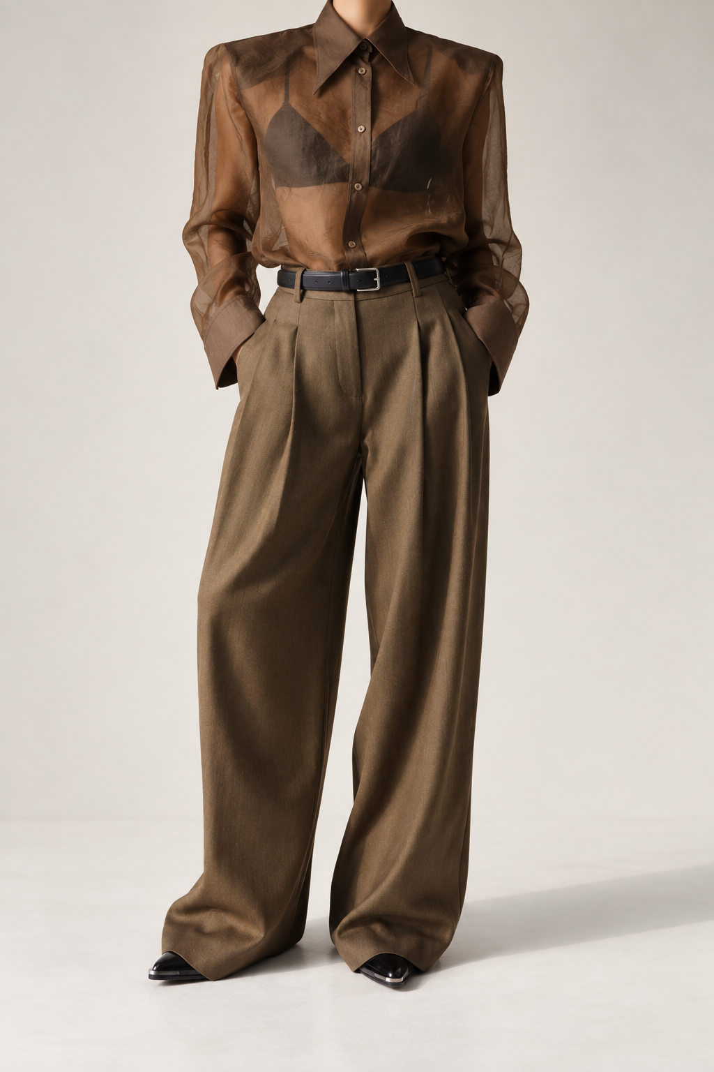 Brown Wide-Leg Pleated Trousers