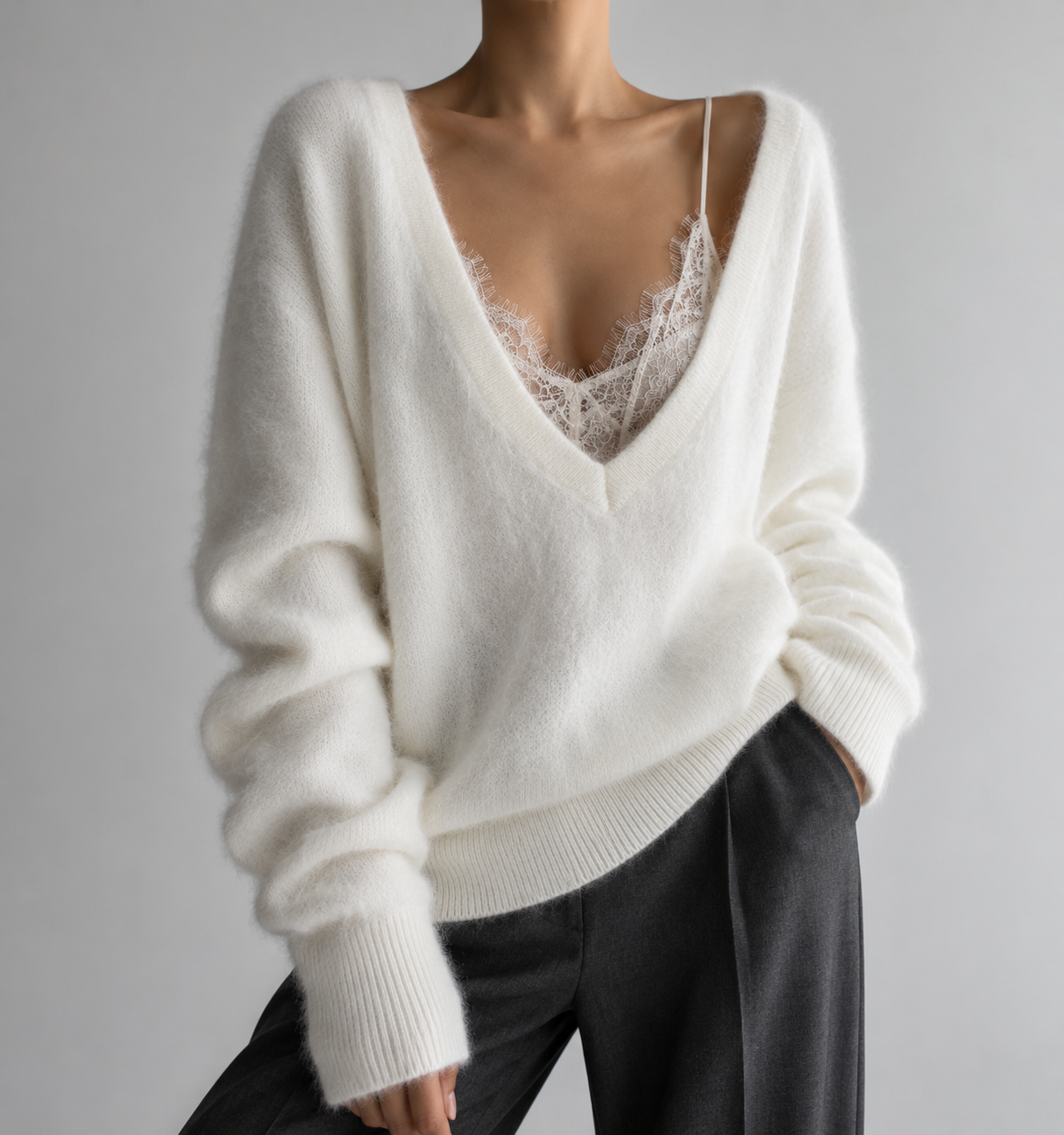 Fluffy V-Neck White Sweater