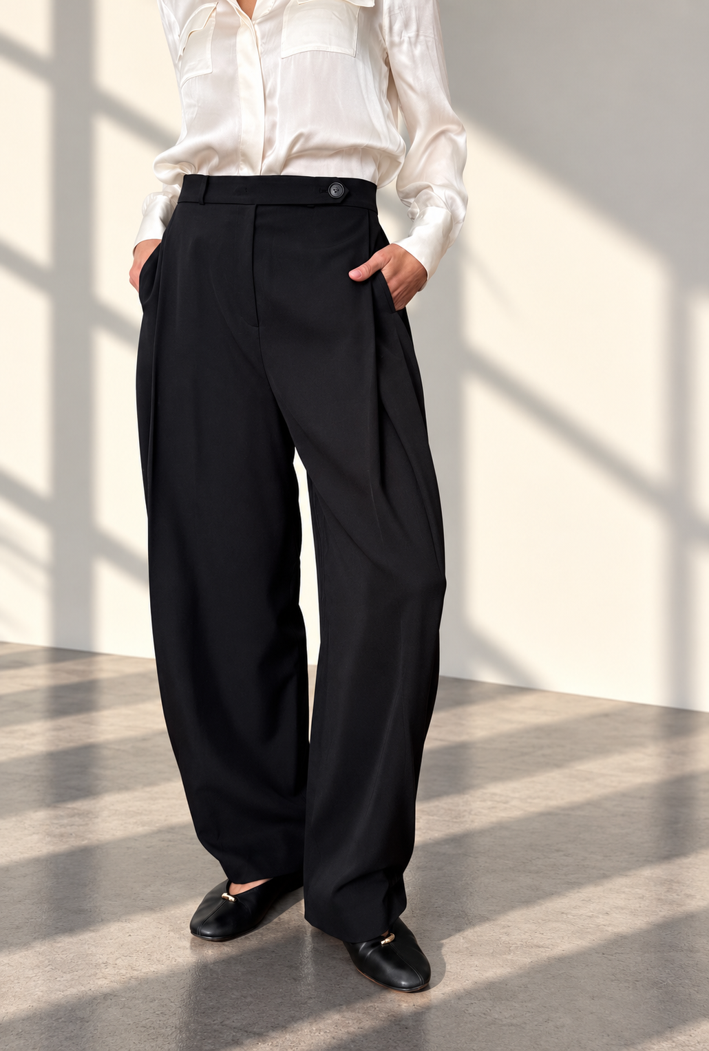 Black Wide-Leg Trousers with Adjustable Button Hems