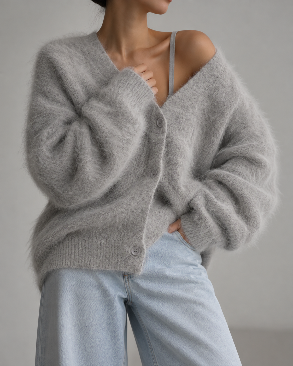 PREMIUM Light -Gray Angora Cardigan