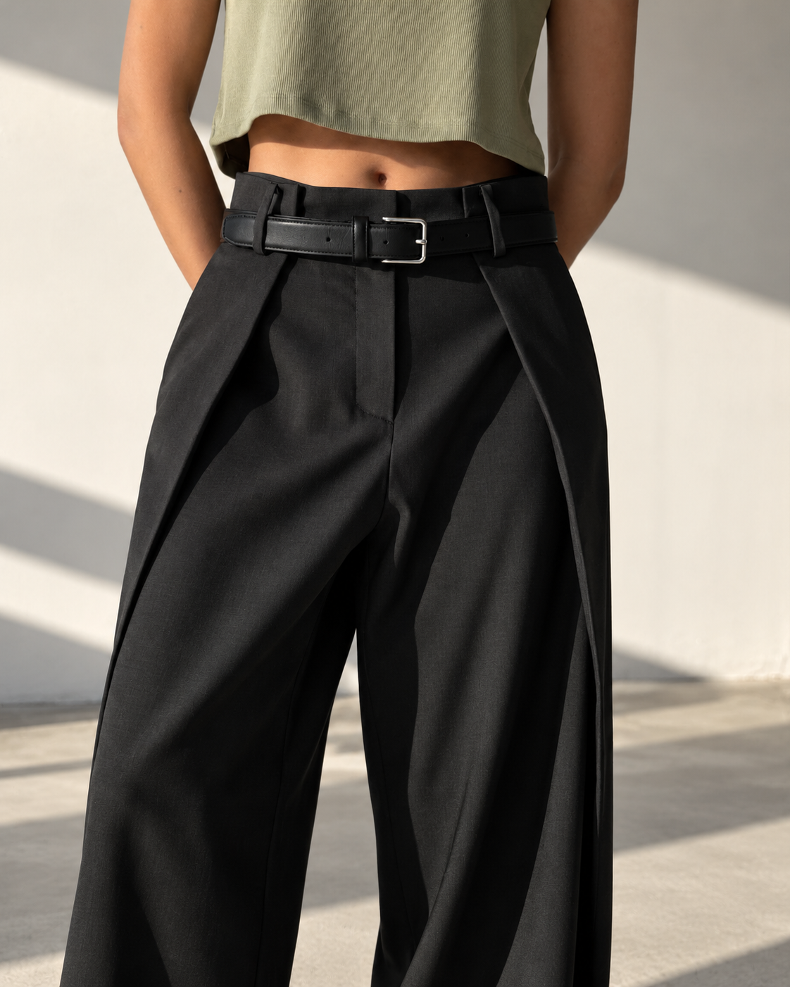 Black High-Waisted Pleated Wide-Leg Trousers