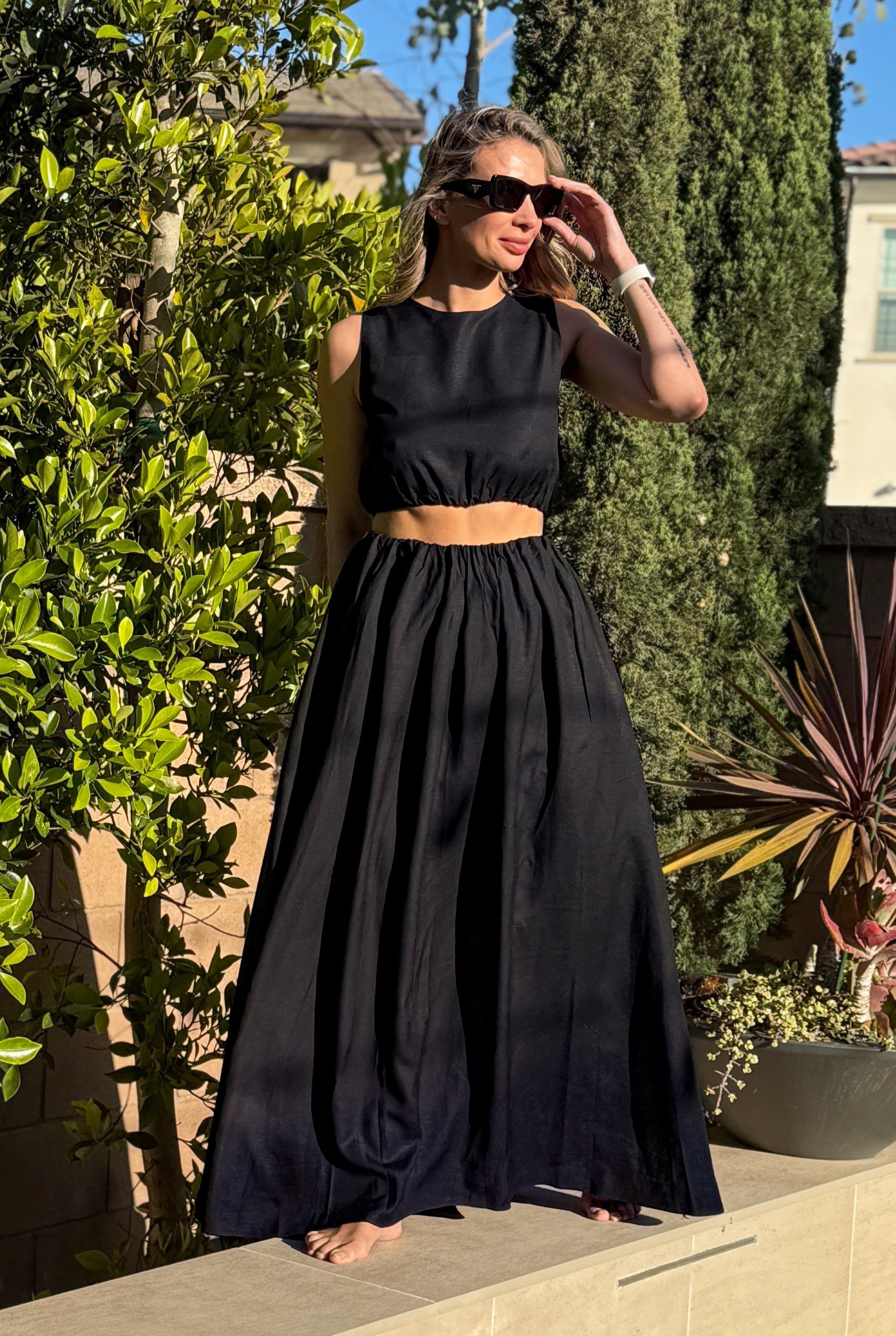 Linen set: linen skirt and top in black