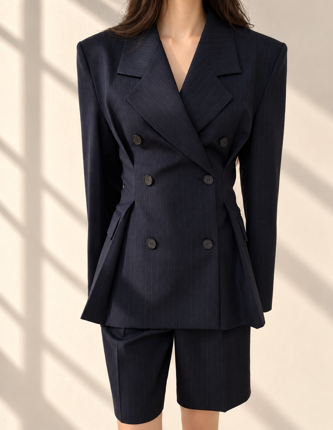 Sculpted Waist Double-Breasted Pinstripe Blazer