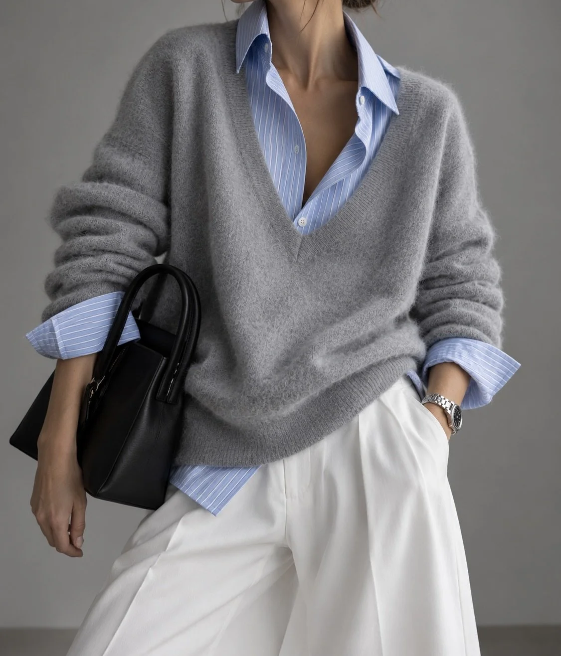 Fluffy V-Neck Gray Sweater