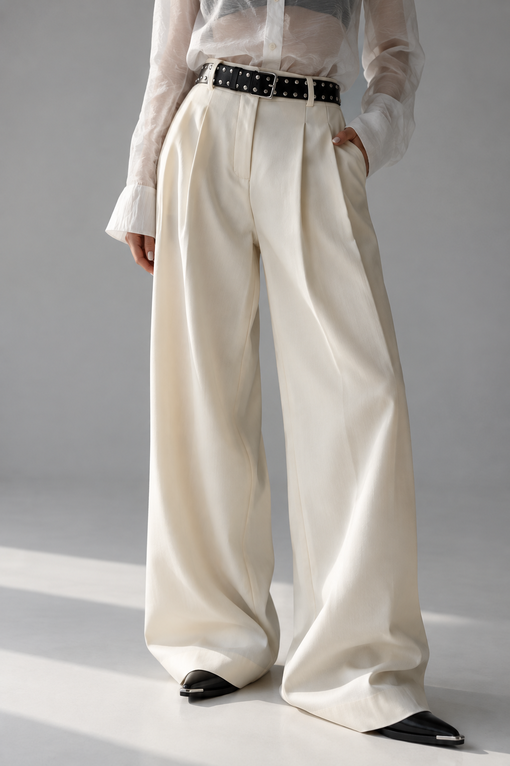 Ivory Wide-Leg Pleated Trousers