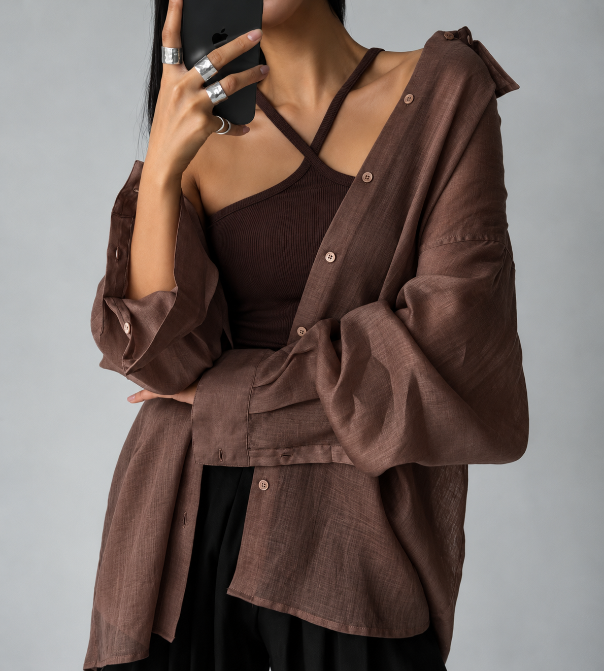 Oversized Linen Shirt in Brown