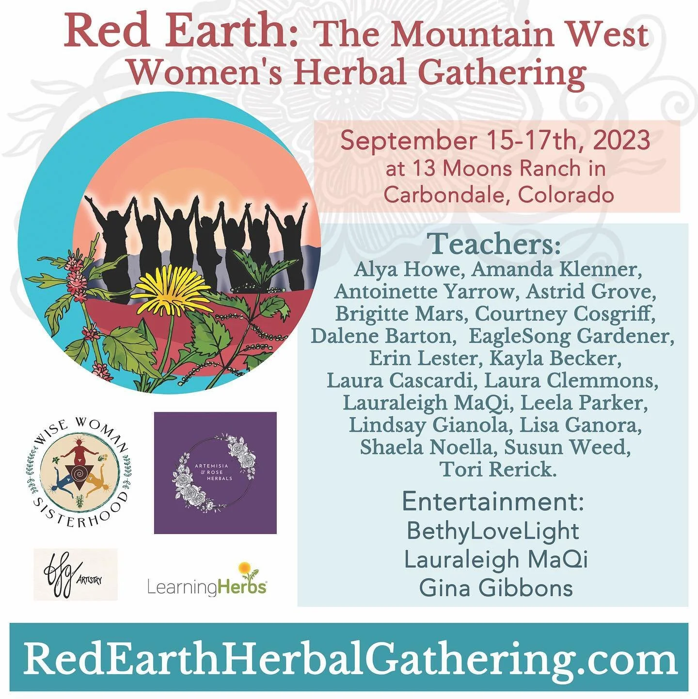 The 7th Annual Red Earth: The Mountain West Women's Herbal Gathering September 15-17th, 2023 at 13 Moons Ranch in Carbondale, Colorado.
 
This year we have over 20 workshops! We have a girls' coming of age space, a children's camp, red tent, marketpl