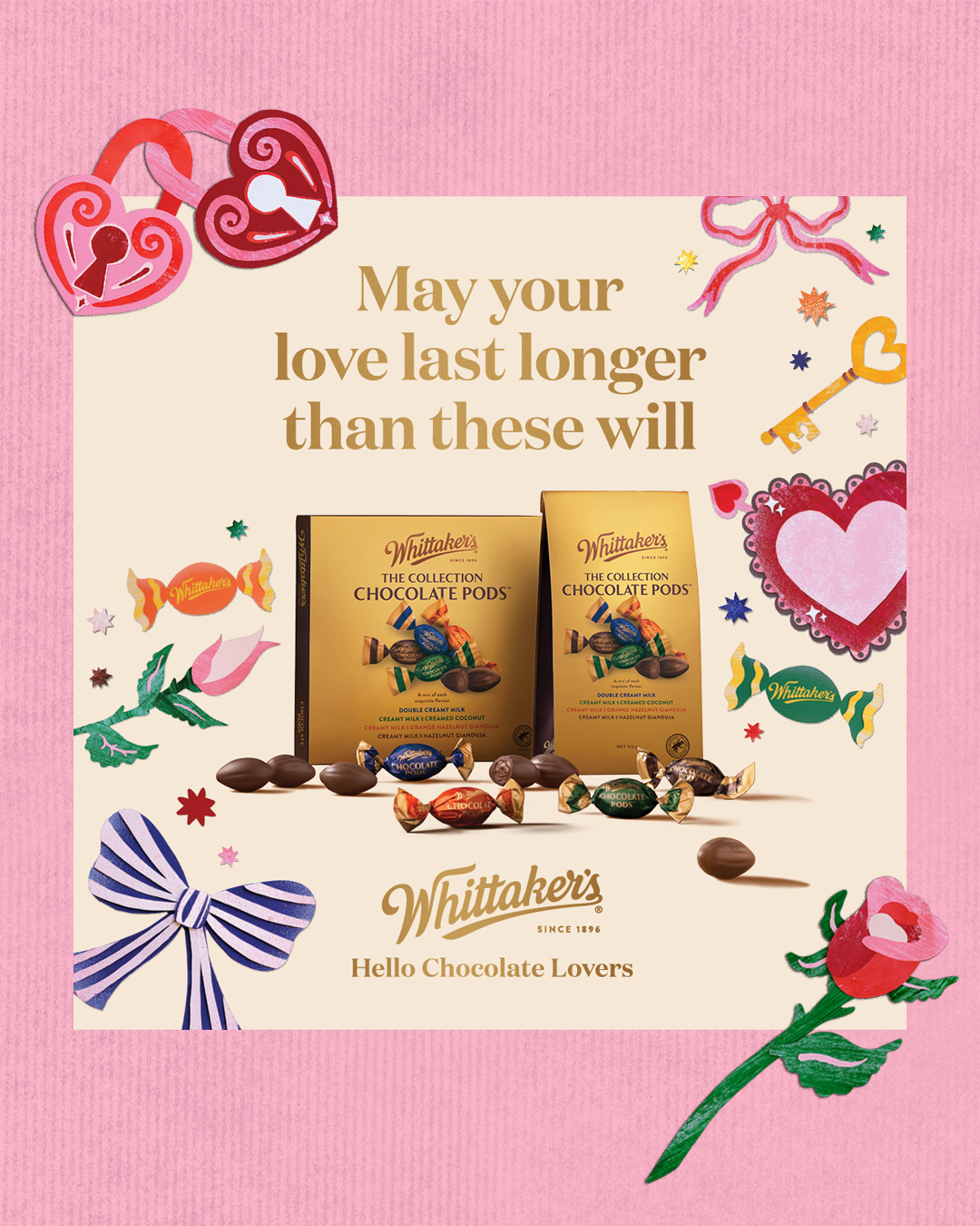 A scrapbook-style image featuring handmade collaged illustrations by Kitiya Palaskas in a Valentines theme and a photo of an ad campaign for Whittakers Chocolate, featuring the illustrations.