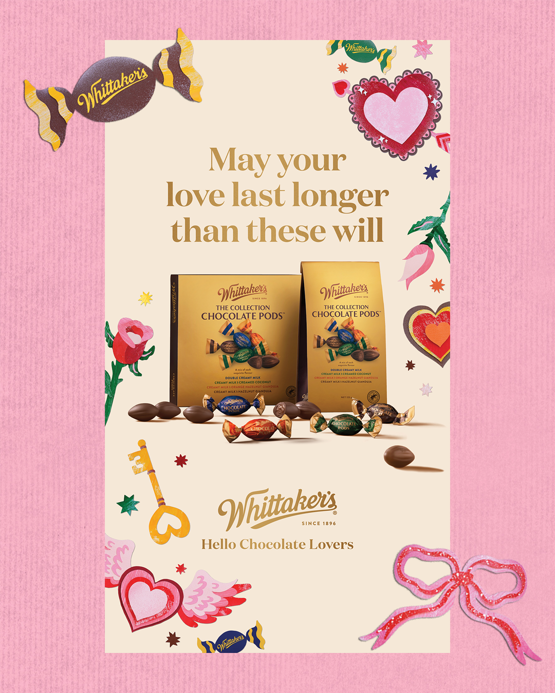 A scrapbook-style image featuring handmade collaged illustrations by Kitiya Palaskas in a Valentines theme and a photo of an ad campaign for Whittakers Chocolate, featuring the illustrations.