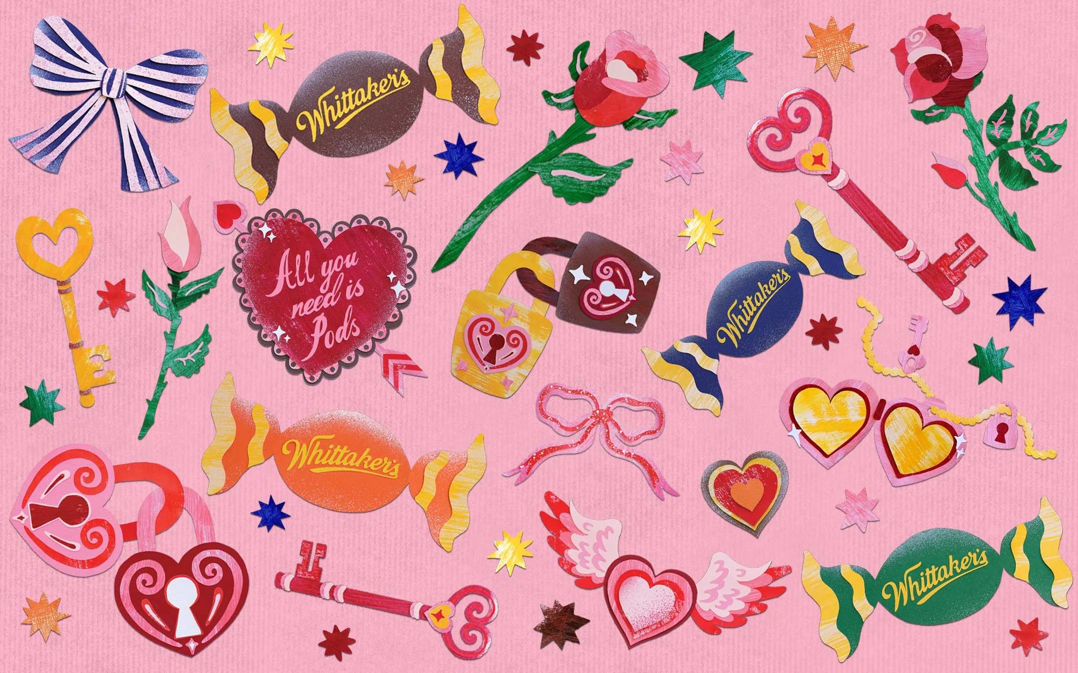 A collection of collaged Valentine's Day illustrations for Whittakers Chocolate sit on a pink paper background.