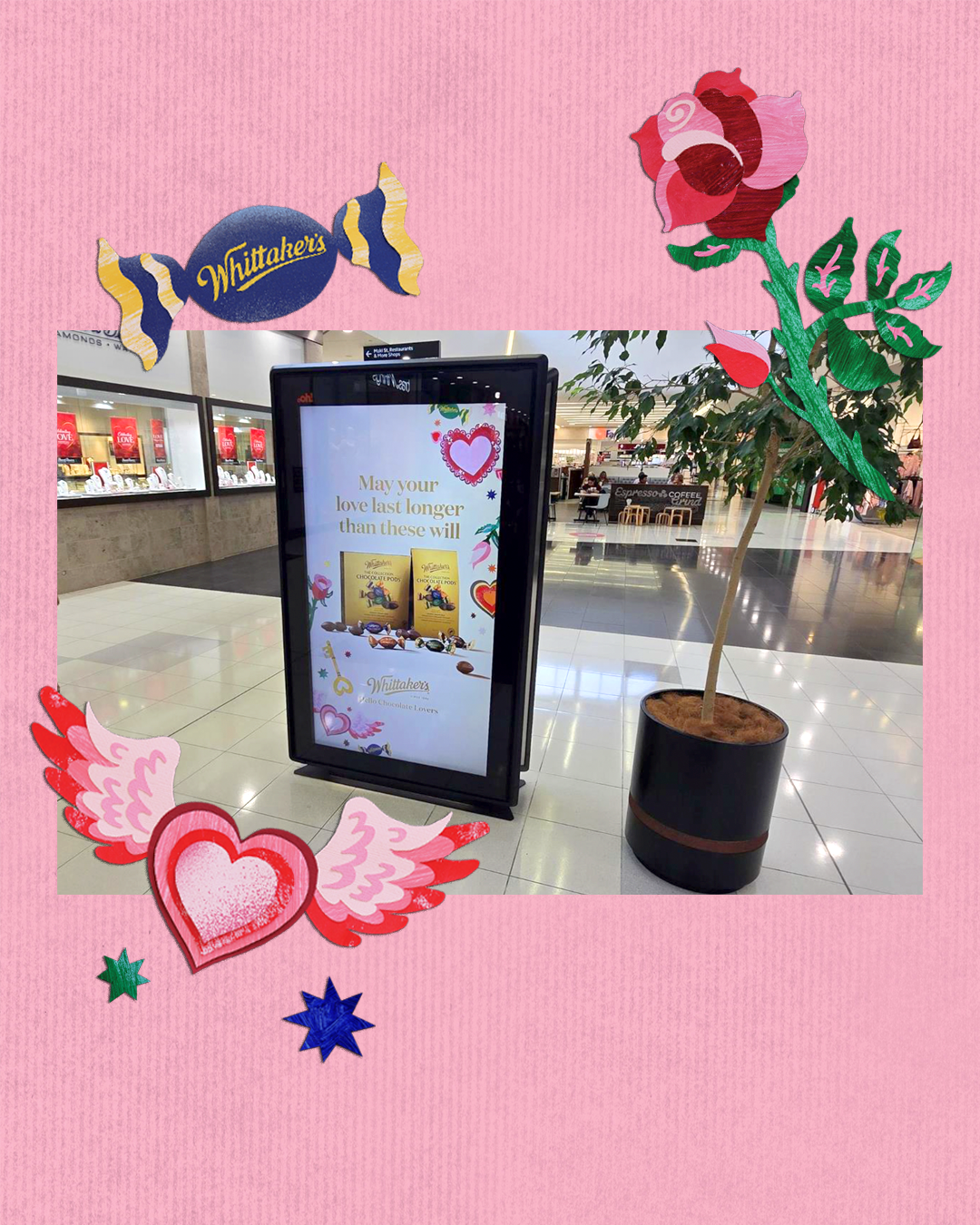 A scrapbook-style image featuring handmade collaged illustrations by Kitiya Palaskas in a Valentines theme and a photo of an ad campaign for Whittakers Chocolate, featuring the illustrations.