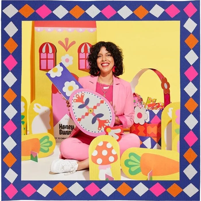 Colourful packaging design for a collection of chocolate bars, designed by Kitiya Palaskas and featuring folk art-inspired papercraft collage illustration in various Easter-themed motifs.