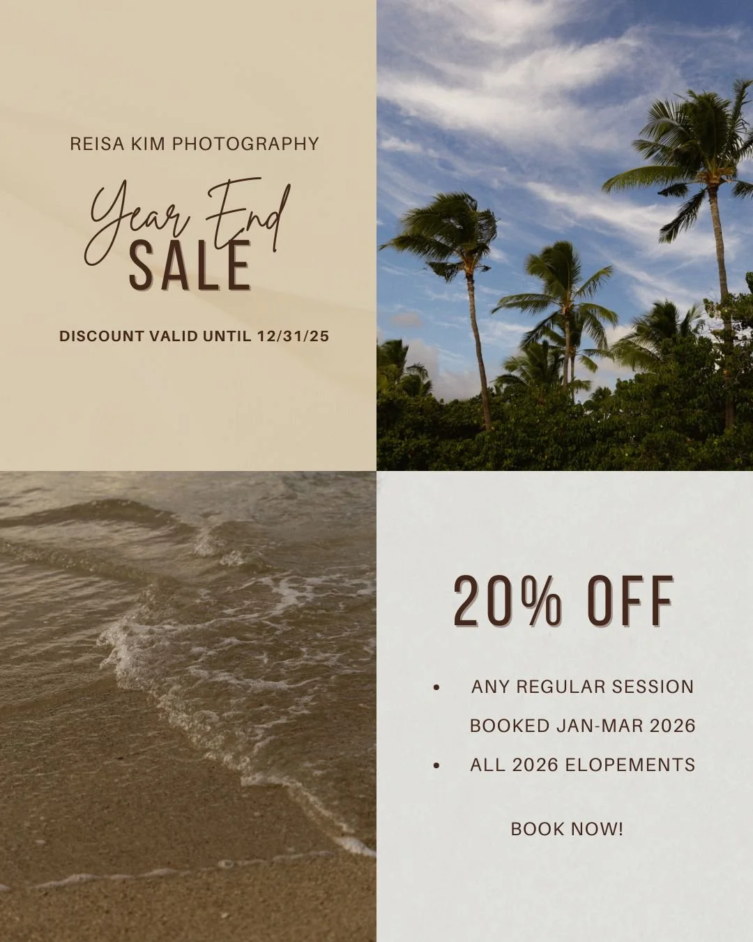Happy Holidays, friends! As a big THANK YOU for getting my business to where its at, I want to offer you guys BIG savings to start off 2026 ✨

Book your 2026 session or elopement before 12/31/25 and get 20% OFF! 
This offer is valid for any regular s