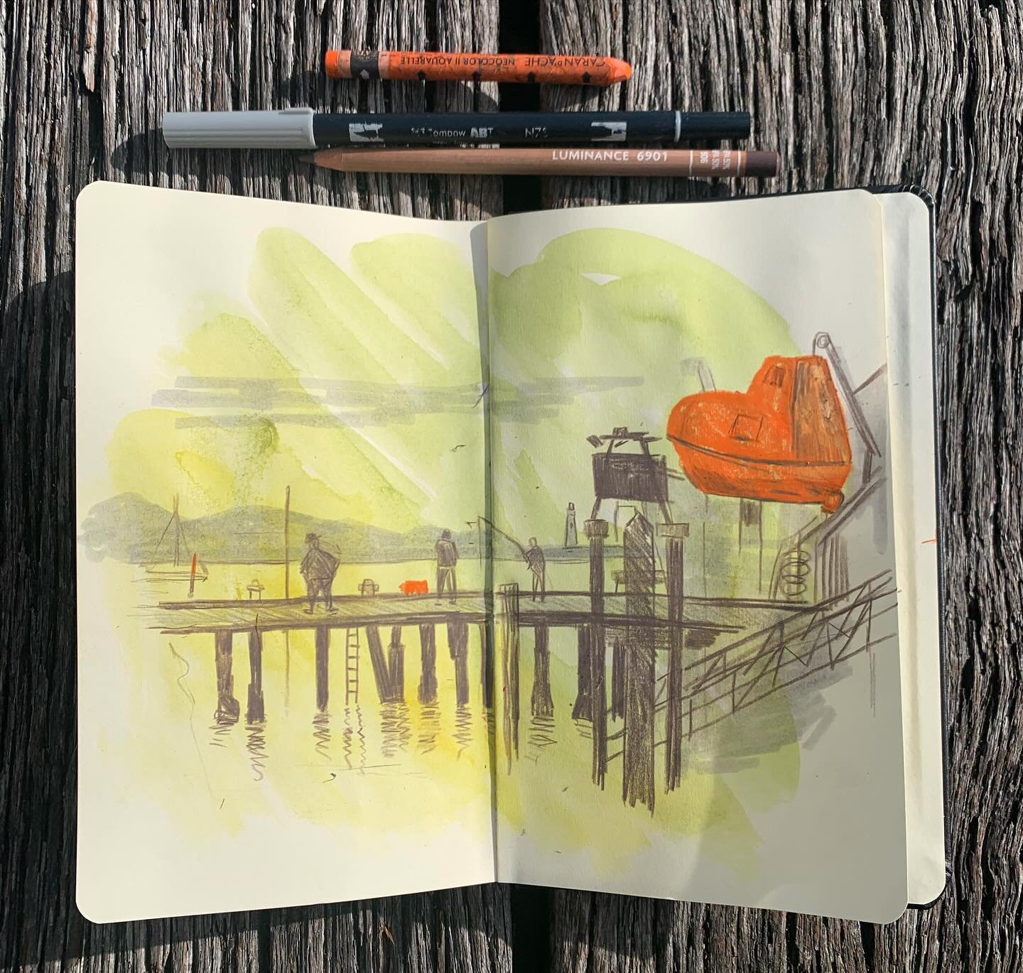 Day 9/50 for the #3materialsdrawingchallenge. I am late with this one, time got away on me yesterday. Fishing down on the wharf. The sea was not this colour, but I had pre-painted a page with some left over watercolour paint I had mixed. A unsettling