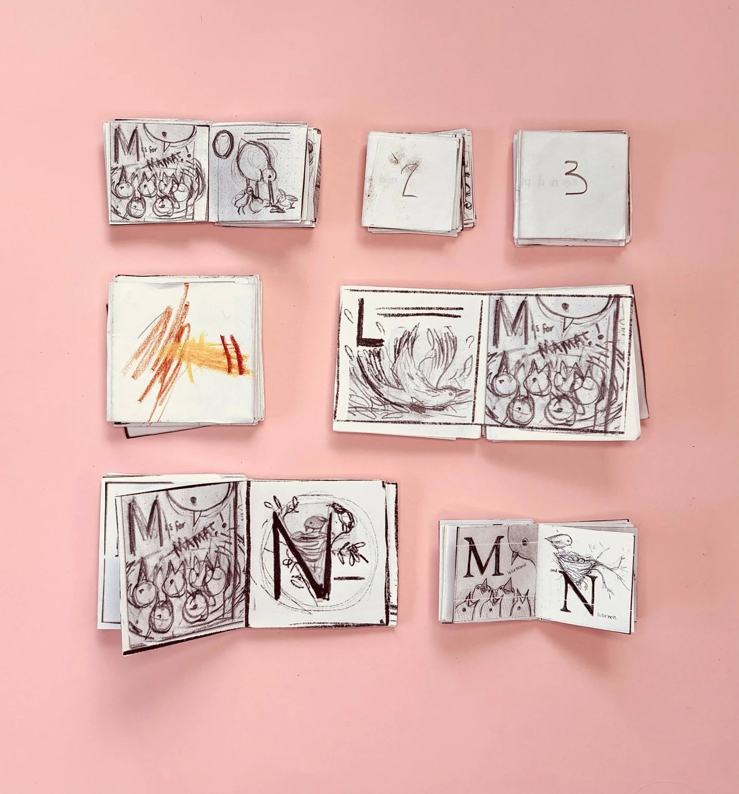 A few of my dummy books solving layout and pacing, so many iterations and versions. 📚🐦

#bisforbird #illustrationprocess #dummybooks