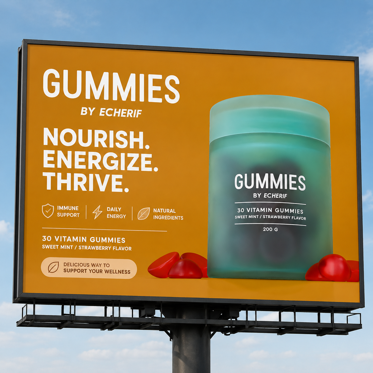 Billboard advertising Echerif brand of vitamin gummies in sweet mint and strawberry flavor, featuring a large green container of gummies and text highlighting immune support, daily energy, and natural ingredients.