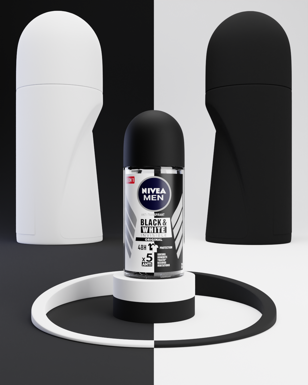 A bottle of Nivea Men Black & White Invisible anti-transpirant deodorant in the center, with a black and white color scheme background, flanked by two large deodorant containers, one white and one black.