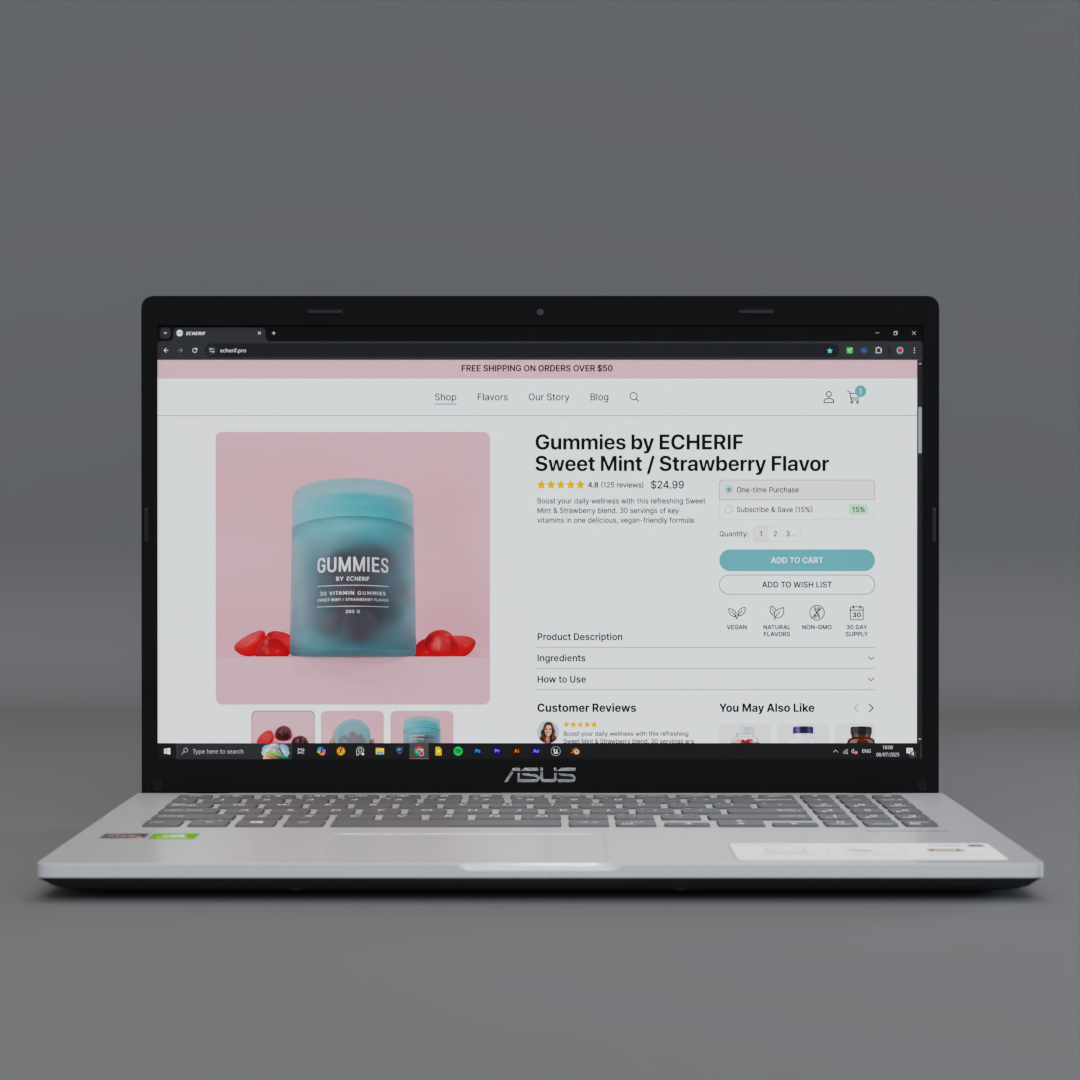 Laptop displaying an online store page for gummy supplements in a pink and blue bottle labeled 'GUMMIES' with red gummy candies beside it.