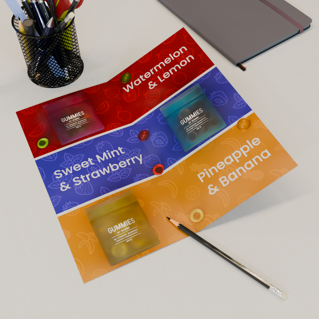 Colorful informational sheet about different types of gummies, including Watermelon & Lemon, Sweet Mint & Strawberry, and Pineapple & Banana, with small gummy candies placed on the sheet and a pencil nearby.