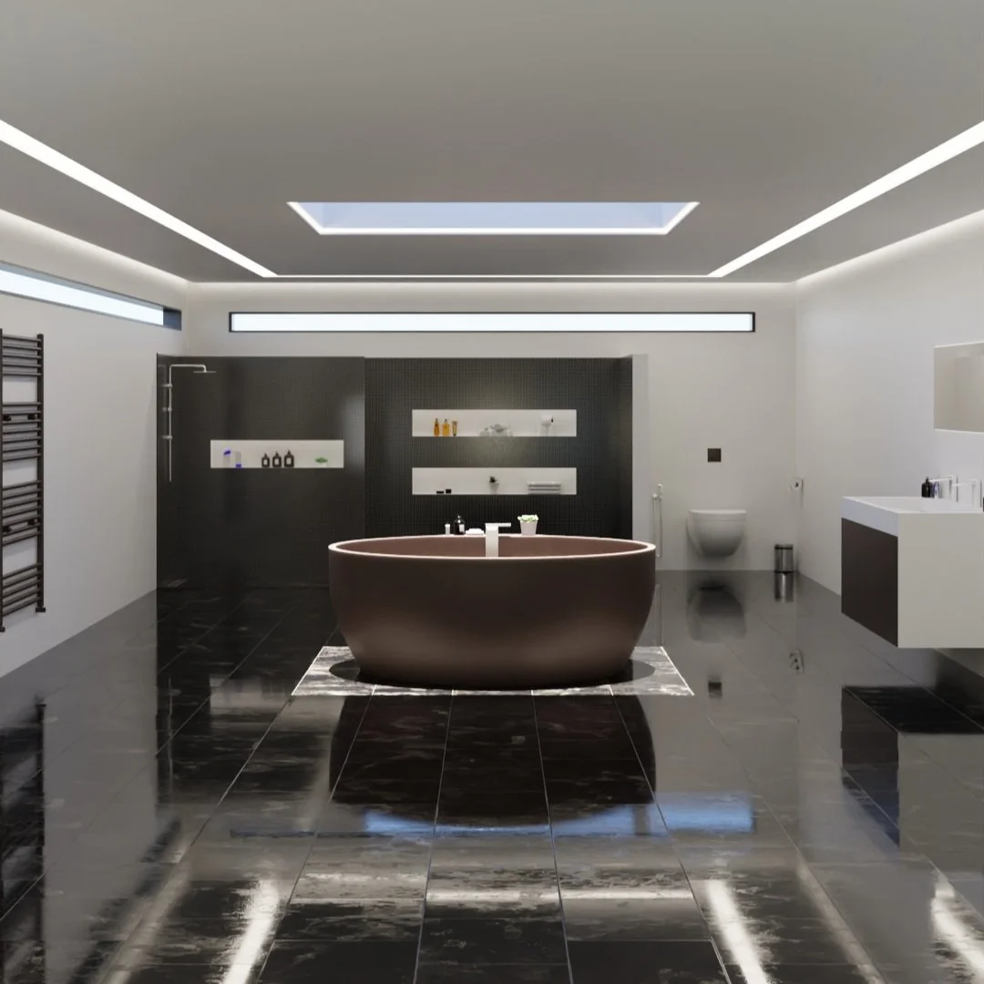 Modern bathroom with black tiled flooring, white walls, a freestanding bathtub, and sleek fixtures. It features a skylight and minimalist decor.